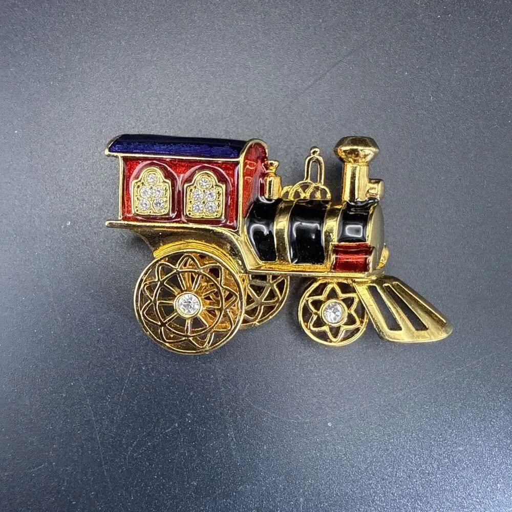 VINTAGE Avon Smithsonian Enamel Rhinestone Accent Train Pin Brooch